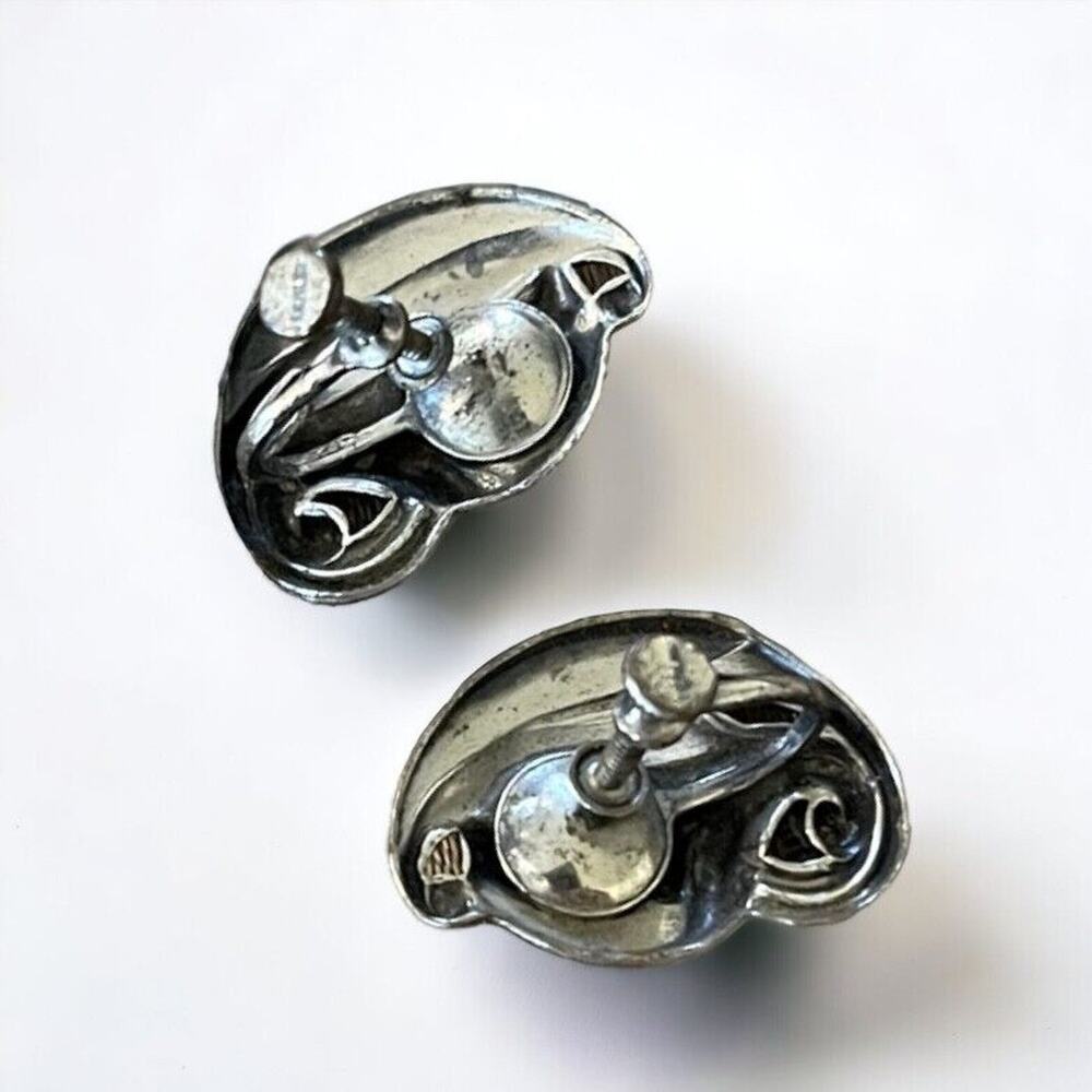 Vintage Stamped Sterling Silver Lily Calla Screw Back Earrings Leaf Flowers - Picture 4 of 7